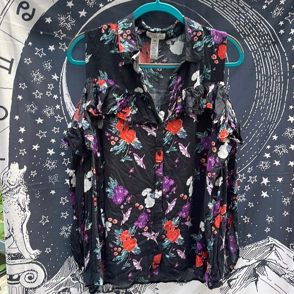 Midnight Sky cold shoulder XL Floral Roses with Birds Black ruffled Rodeo Blouse - Picture 1 of 5